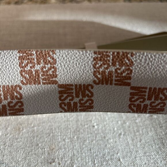 Steve Madden Logo Belt Double Ring Buckle Creme Tan Gold Faux Leather LARGE - Picture 3 of 8